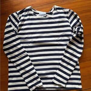 Ganni Striped Navy and White Striped Long Sleeve Tee
